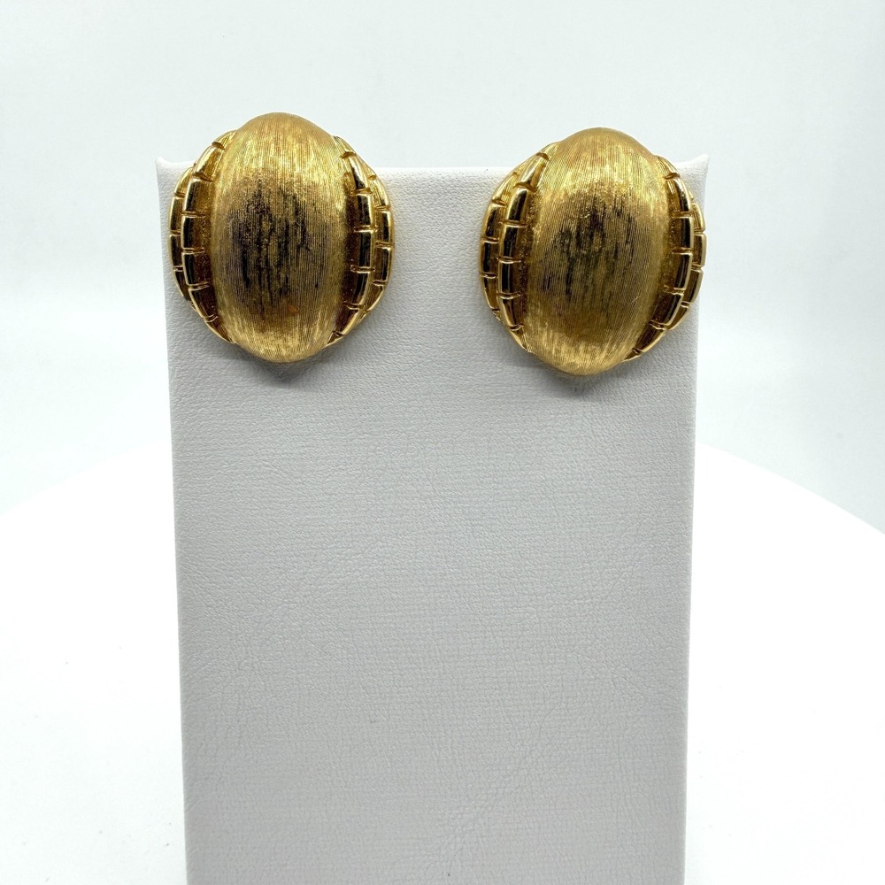 Monet Gold Tone Textured Oval Clip-On Earrings Vintage Statement Jewelry